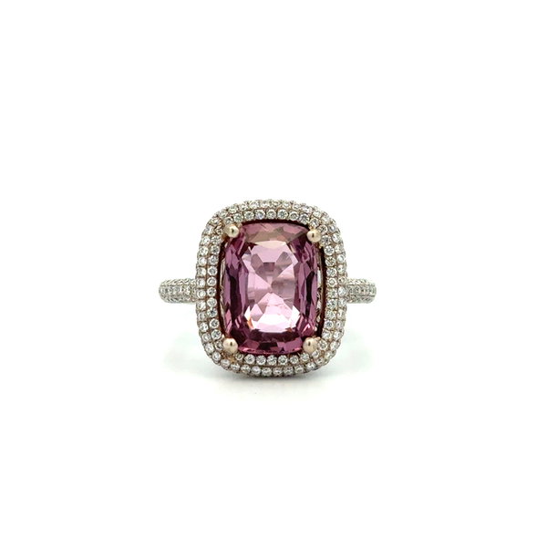 Closeup photo of 18K WG 4.13ct Cushion Pink Spinel & .78tcw Diamond Halo Ring 6.2g, s6