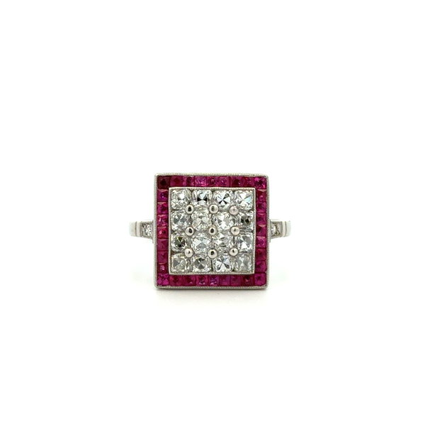 Closeup photo of Platinum 1.34tcw French Cut Diamond & 1.26tcw French Cut Ruby Ring 7g s7