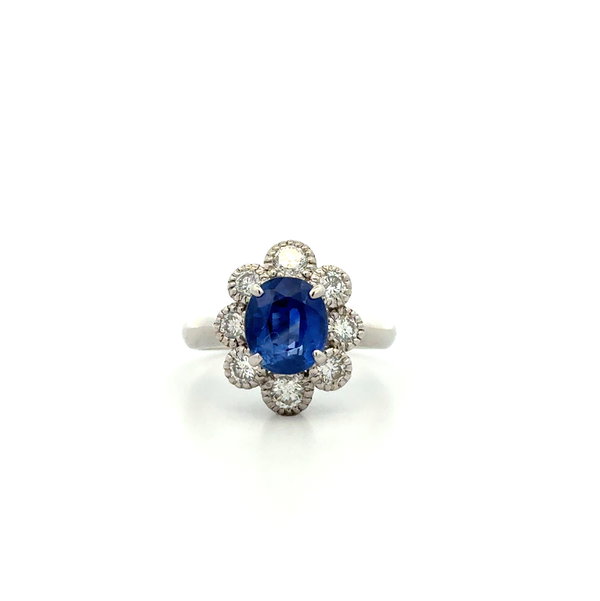 Closeup photo of Platinum 2.62ct Oval Sri Lanka Sapphire GIA & .90tcw Diamond Ring 7.7g s5.5