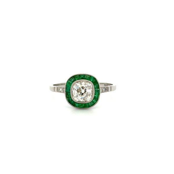 Closeup photo of Platinum 1.09ct H-I VS2,Old Mine .18tcw Diamond & .78tcw Emerald Ring 3.1g s7