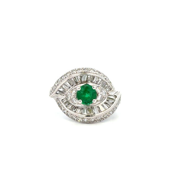 Closeup photo of 12K WG .77ct Emerald & 1.40tcw Diamond C.1960 Ring 5.4g s7.25