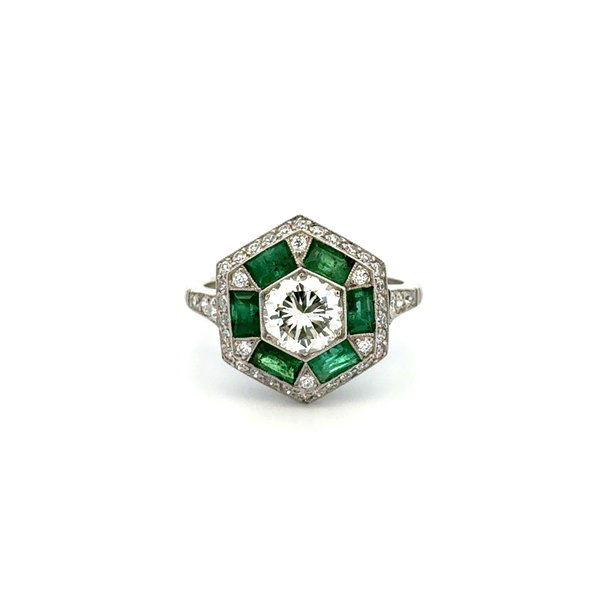 Closeup photo of Platinum 1.10ct RBC Diamond, .88tcw Diamond & 1.80tcw Emerald Ring 5.8g s6.5