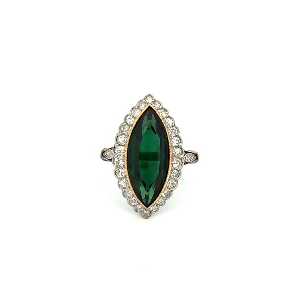Closeup photo of Platinum 7.00ct Marquise Tourmaline & 1.15tcw RBC Diamond Ring 8g s6.5