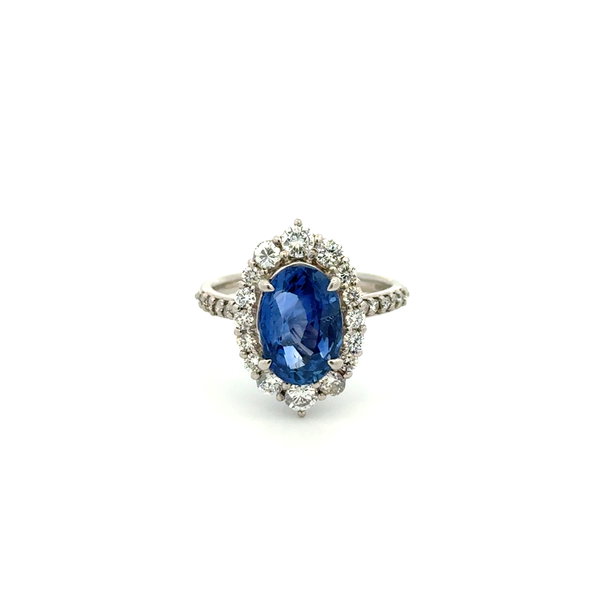 Closeup photo of Platinum 3.88ct Oval Ceylon No Heat Sapphire GIA & .80tcw Diamond Ring 6.4g s5.5