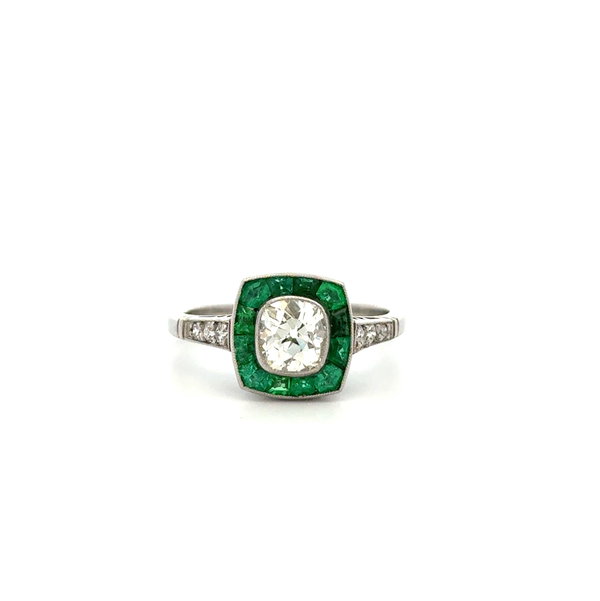 Closeup photo of Platinum .81ct. I-J VS Old Mine Cushion, .24tcw SC Diamonds & 1.20tcw Emerald Ring 4.4g s6.5