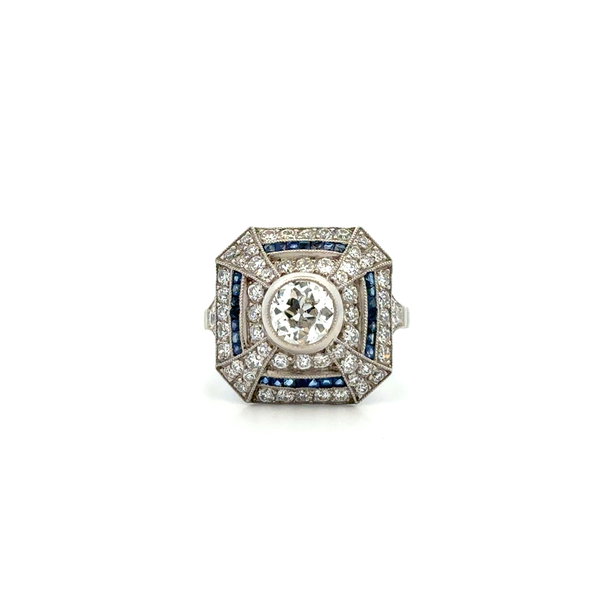 Closeup photo of Platinum .76ct I-J VS Old Mine Cut, 2tcw SD Diamonds & .86tcw French Cut Sapphires Ring 7.2g s7.25
