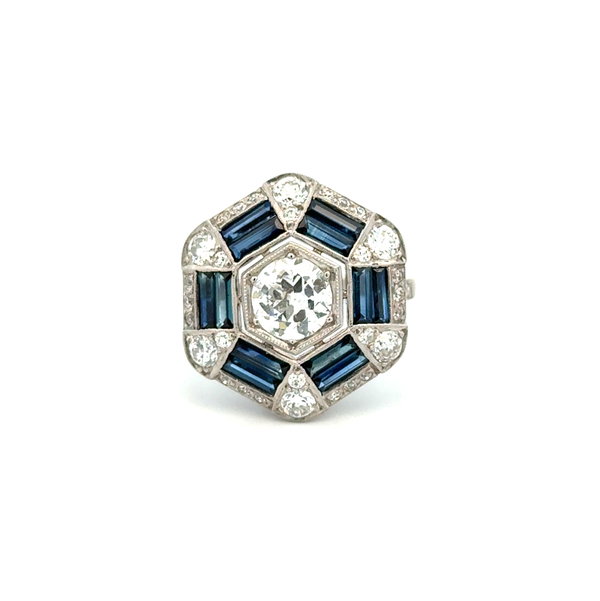Closeup photo of Platinum 1.05ct RBC Diamond, 1.40tcw Diamond & 3.80tcw Sapphire Ring 8.5g s7.25