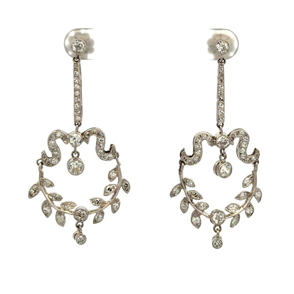 Closeup photo of Platinum 3.50tcw Diamond Open Circle Leaf DropEarrings 10.9g
