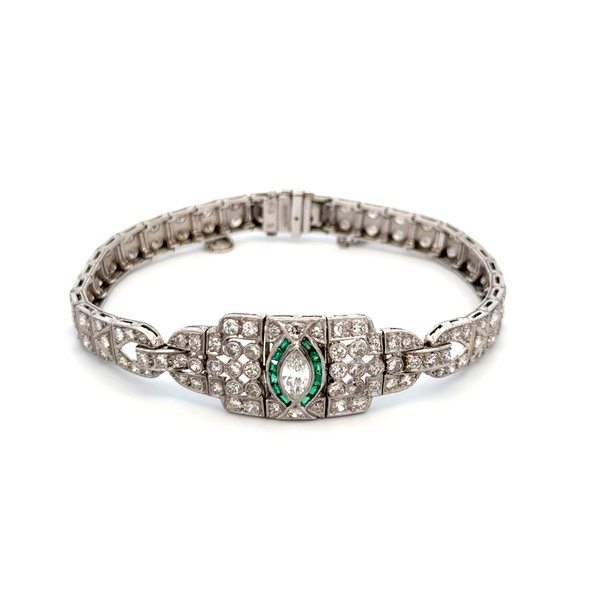 Closeup photo of Platinum Art Deco 5.50tcw Marquis & OEC Diamond & Emerald Bracelet c.1920 21.0g 7"