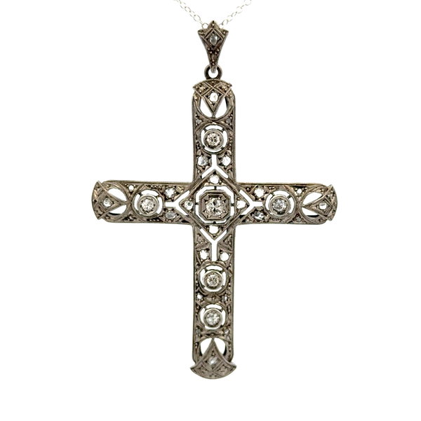 Closeup photo of 14K WG .70tcw RBC & .90 SD Diamond Edwardian Cross c.1910 With Silver Chain 8.2g 16"