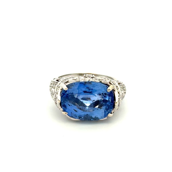 Closeup photo of Platinum Art Deco 9.07ct Cushion NO Heat Ceylon Sapphire GIA & Diamond Ring 2231595032