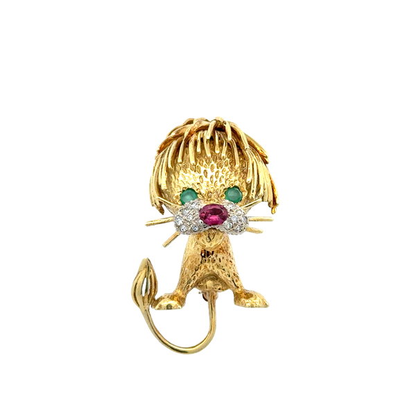 Closeup photo of 18K YG Hammerman Bros .10tcw Diamond, .35ct Ruby & Green Stone Lion Brooch 19.3g, 1.70"
