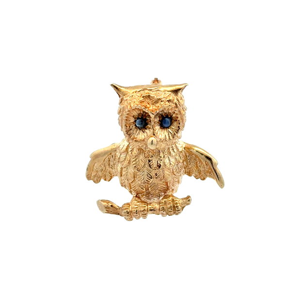 Closeup photo of 14K YG Embellished OWL Brooch Cat's Eye Eyes 9.9g