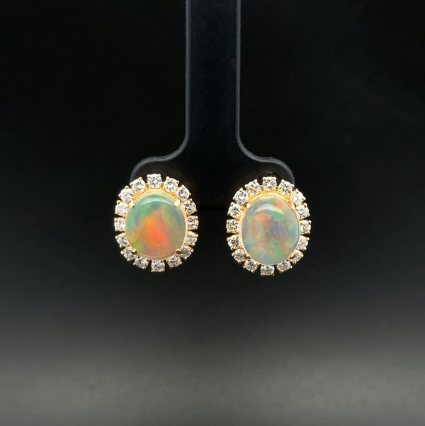Closeup photo of 18K YG 5.80tcw Jelly Opal & 1.11tcw RBC Diamond Halo Stud Earrings 4.8g