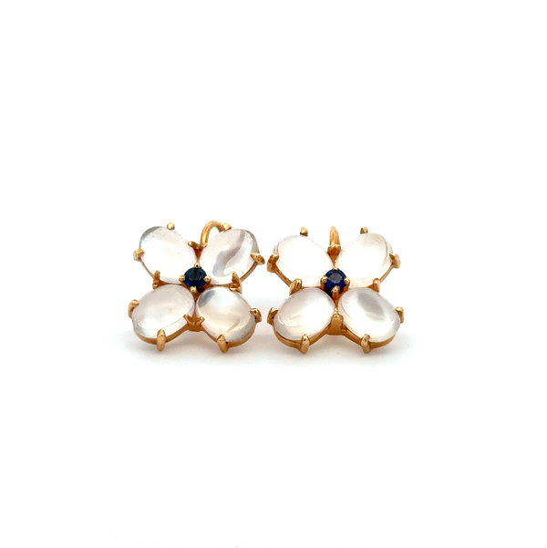Closeup photo of 14K YG 3.00tcw Moonstone & .20tcw Sapphire Flower Earrings 5.3g