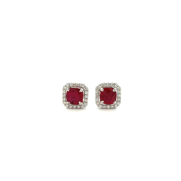 Closeup photo of 14K WG 1.40tcw Cushion Ruby & .20tcw Diamond Halo Stud Earrings 2.1g