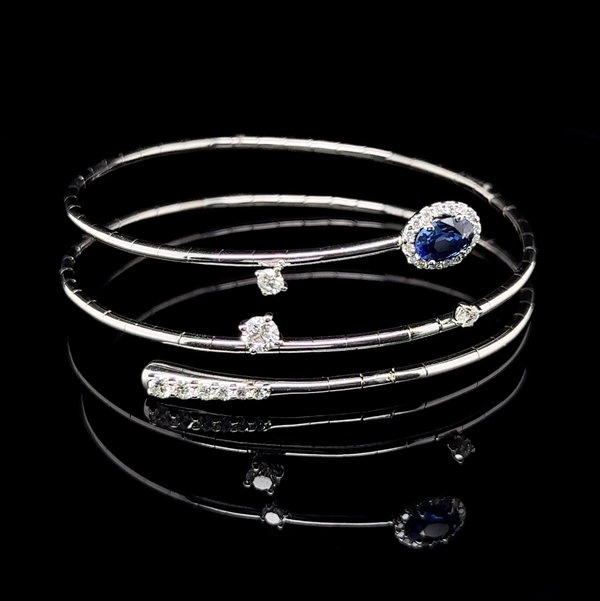 Closeup photo of 18K WG Salavetti Italian .90ct Sapphire & 1.15tcw Diamond Stretch Bangle Bracelet 13.6g
