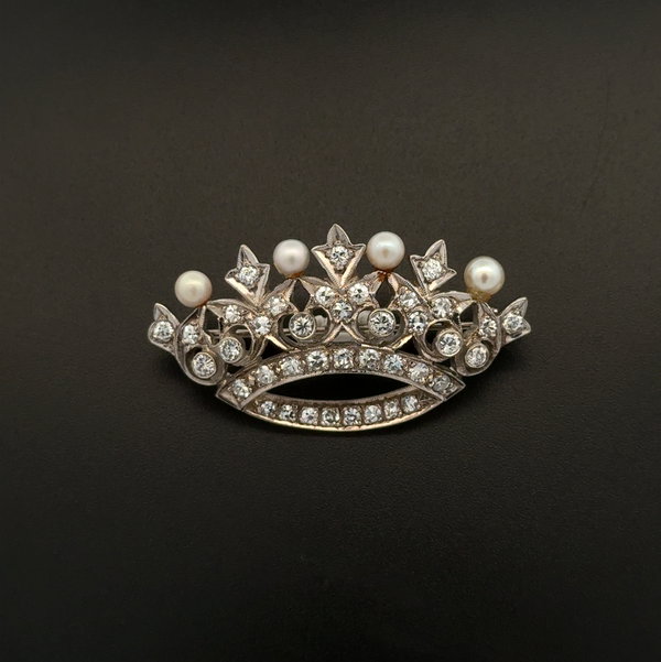 Closeup photo of 14K WG Vintage 1.20tcw Diamond & Pearl Crown Brooch 7.5g