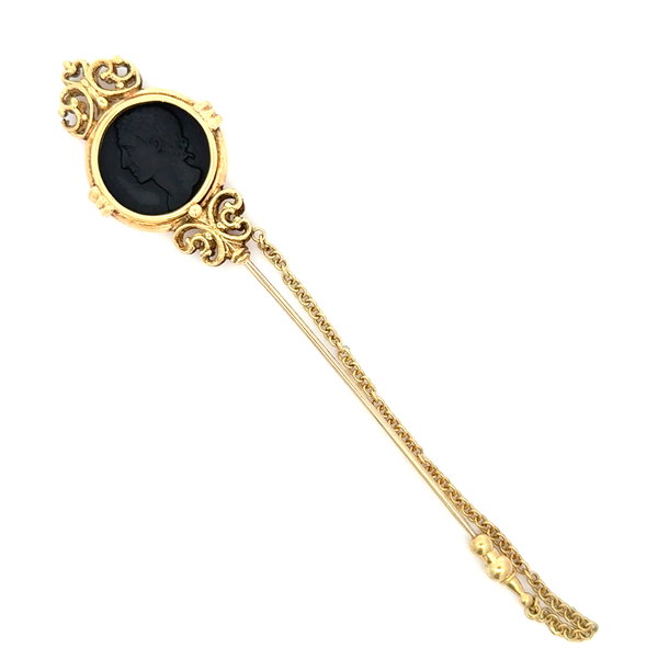 Closeup photo of 14K YG Vintage Carved Onyx Jabot 17.7g, 5.25"