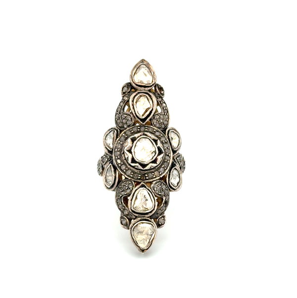 Closeup photo of Silver on 14K YG 1.20tcw Rose Cut Diamond Navette Ring 8.4g, s.25