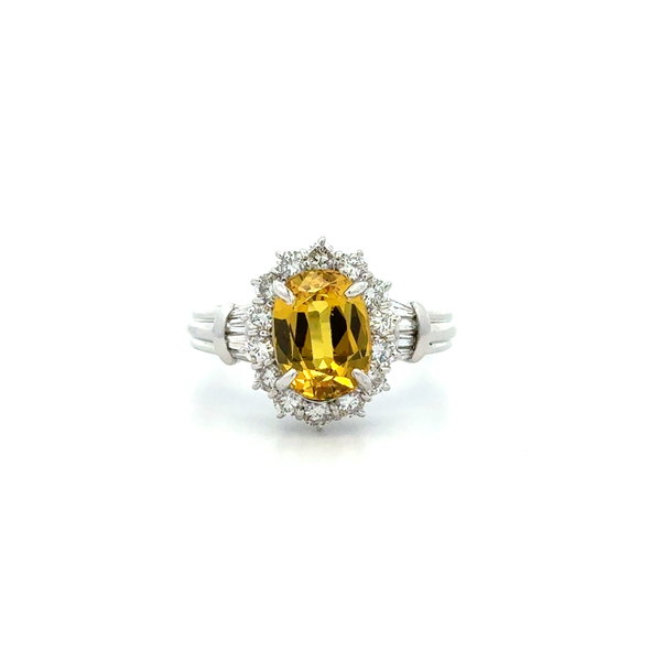 Closeup photo of Platinum 2.76ct Oval Orangy Yellow NO HEAT Sapphire GIA & .70tcw RBC & Baguette Diamond Halo Ring 7.1g, s7