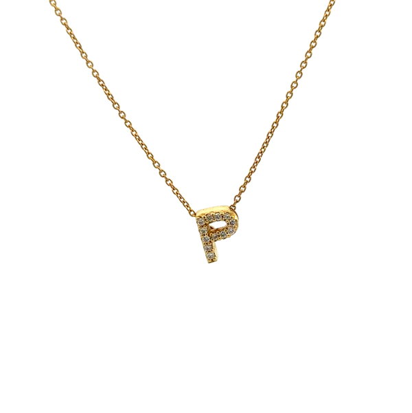 Closeup photo of 18K YG Roberto Coin Tiny Treasures P Initial .06tcw Diamond Pendant Necklace 2.3g, 18"