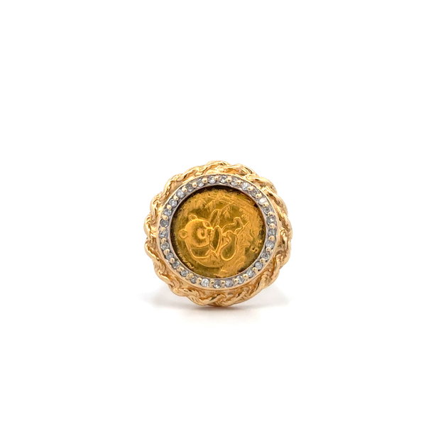 Closeup photo of 14K YG Rope Bezel Set 24K 1994 Panda 1/20 Coin .15tcw Diamond Split Shank Ring 5.9g,s