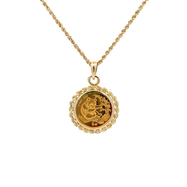 Closeup photo of 14K YG Rope Bezel Set 24K 1994 Panda 1/20 Coin Pendant Necklace 5.2g, 16"