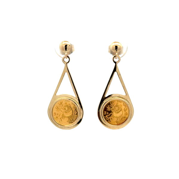 Closeup photo of 14K YG Rope Bezel Set 24K 1991 Panda 1g Coin Drop Earrings 4.1g