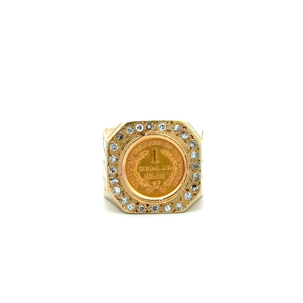 Closeup photo of 14K YG Diamond Bezel Set 22K 1852 US $1 Coin in Nugget Ring 15.3g, s