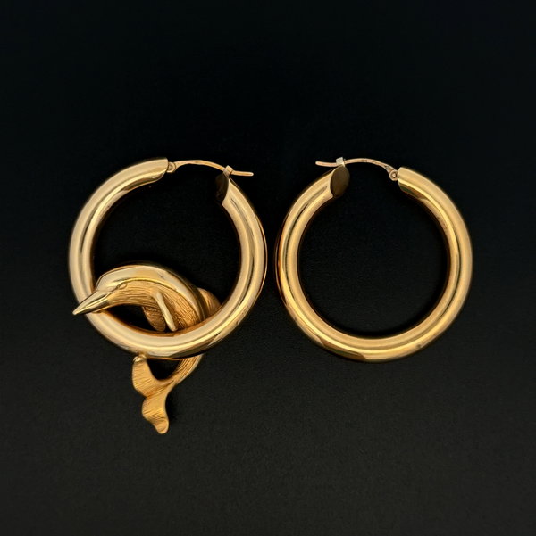 Closeup photo of 18K Yellow Gold CHARLES GARNIER Large Dolphin Round Hoops 7.6g, 1.5"