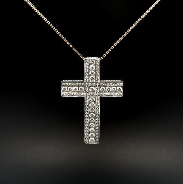 Closeup photo of 18K 2tone 1.79tcw Pave Diamond Square Cross Pendant Necklace 14.5g, 18"