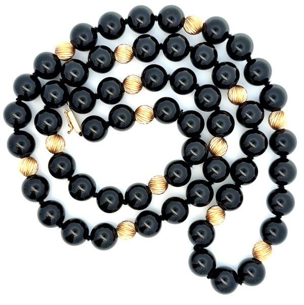 Closeup photo of 14K YG 12mm Onyx & Gold Bead Necklace 130.1g, 32"