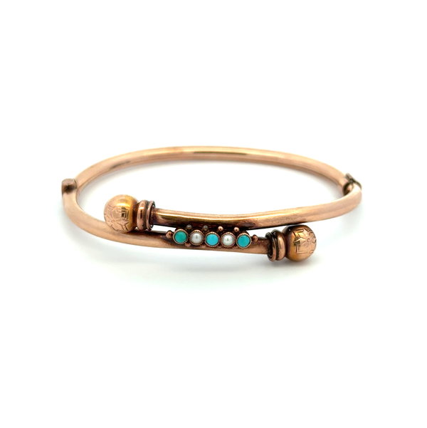 Closeup photo of 14K YG Victorian Seed Pearl & Blue Stone Bangle Bracelet 8.6g