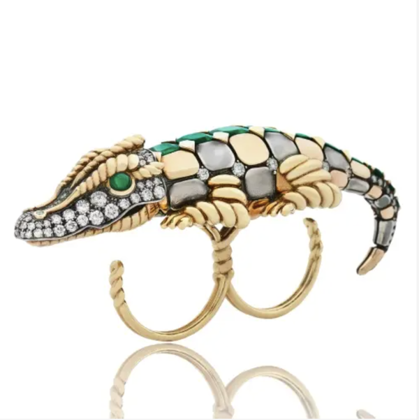Closeup photo of 14K RG, YG & Silver ELIE TOP Crocodile 6.53tcw Emerald GIA Minor & 2.00tcw Diamond Cuff Ring 57.6g
