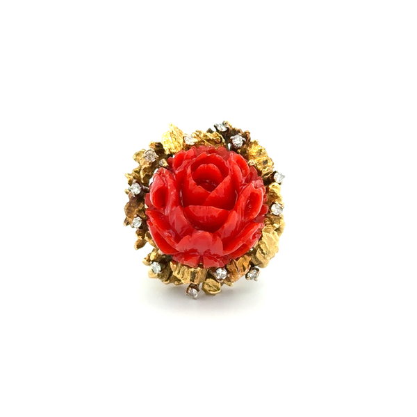 Closeup photo of 14K YG Carved Red Coral & .12tcw Diamond Flower Ring 15.2g, s6.75
