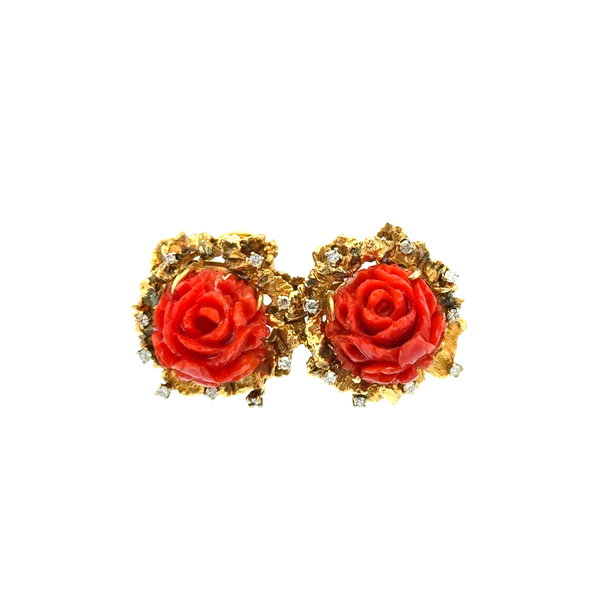 Closeup photo of 14K YG Carved Red Coral & .18tcw Diamond Flower Earrings 15.0g