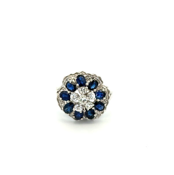Closeup photo of 14K WG 2.00tcw Sapphire & .50tcw Diamond Cluster Ring 4.9g, s6.25