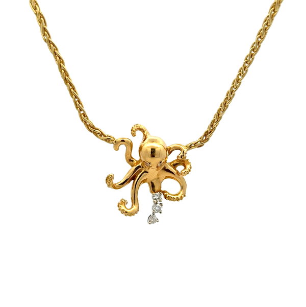 Closeup photo of 18K YG .16tcw RBC Diamond Octopus Pendant Necklace 17.8g, 16"