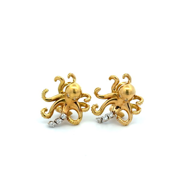 Closeup photo of 18K YG .32tcw RBC Diamond Octopus French Clip Earrings 16.3g