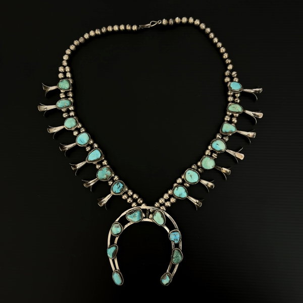 Closeup photo of 925 Sterling Native Turquoise Squash Blossom 175.4g, 28"