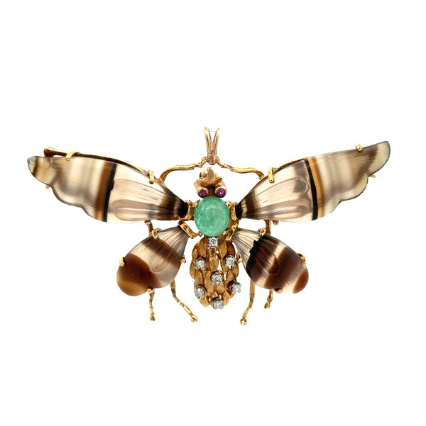 Closeup photo of 14K YG 1.25ct Emerald, .18tcw Diamond & Agate Dragonfly Brooch 18.8g