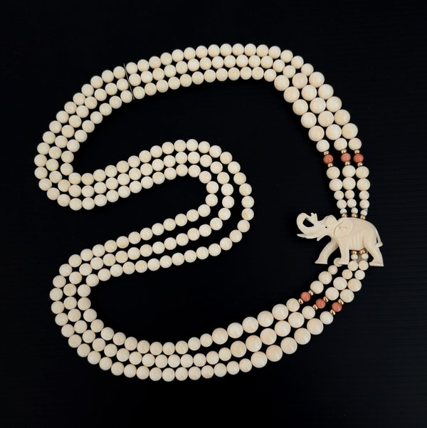 Closeup photo of Gold Carved Bone Elephant, Bead & Coral 3 Strand Necklace 144.7g, 30"