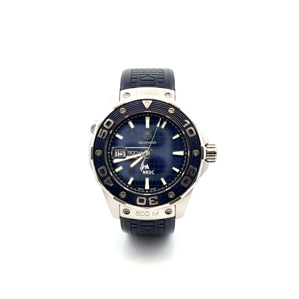 Closeup photo of Tag Heuer Aquaracer 42mm SS NRDC Leo Dicaprio Navy Strap EEL2734