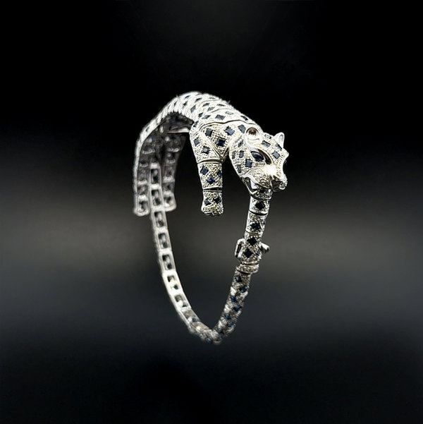 Closeup photo of 18K WG 2.50tcw Diamond & 6.00tcw Sapphire Panther Bracelet 36.1g, 7.5"