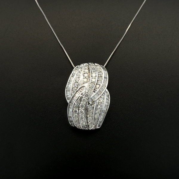 Closeup photo of 14K WG 4tcw Baguette & RBC Diamond Cluster Pendant Necklace 4.9g, 18"