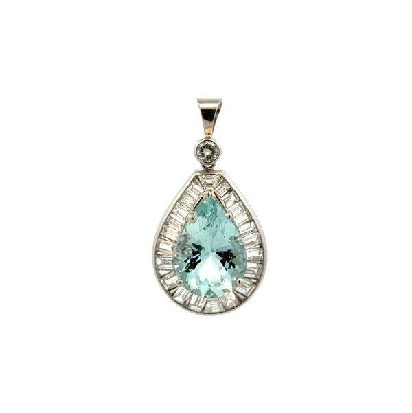 Closeup photo of Platinum Pear Aquamarine & 2.30tcw Baguette & RBC Diamond Pendant 6.9g