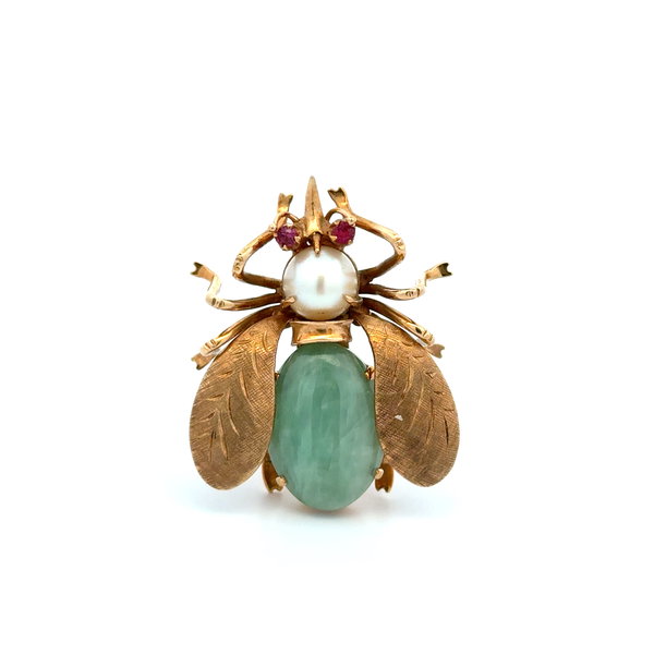 Closeup photo of 14K YG Jade, Ruby & Pearl Bug Brooch 12.6g
