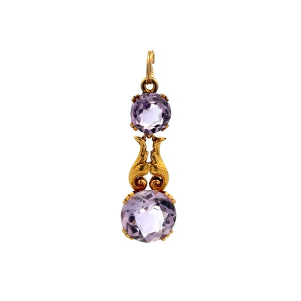 Closeup photo of 15K YG Victorian Double Amethyst Drop Pendant 3.6g