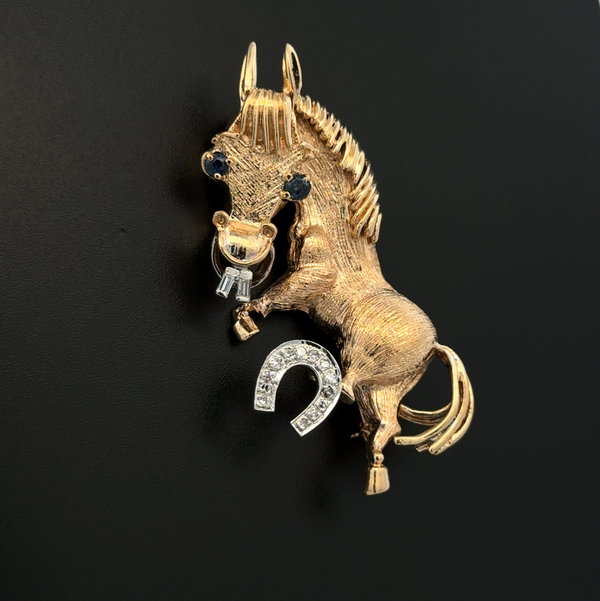 Closeup photo of 14K YG .15tcw Diamond & .16tcw Sapphire Donkey Jackass Brooch 9.7g